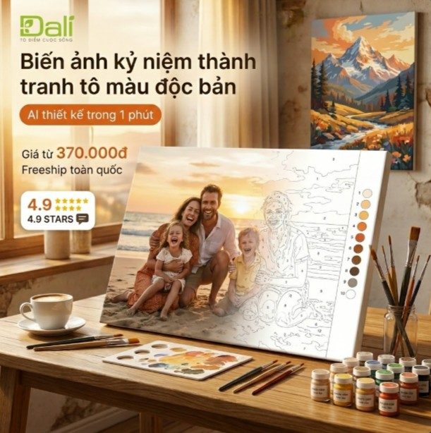 DALI — Biến ảnh kỷ niệm thành tranh sơn theo số: gửi ảnh, nhận canvas in số kèm màu pha sẵn và cọ. Giá từ 370.000đ, freeship toàn quốc, 4.9 sao.
